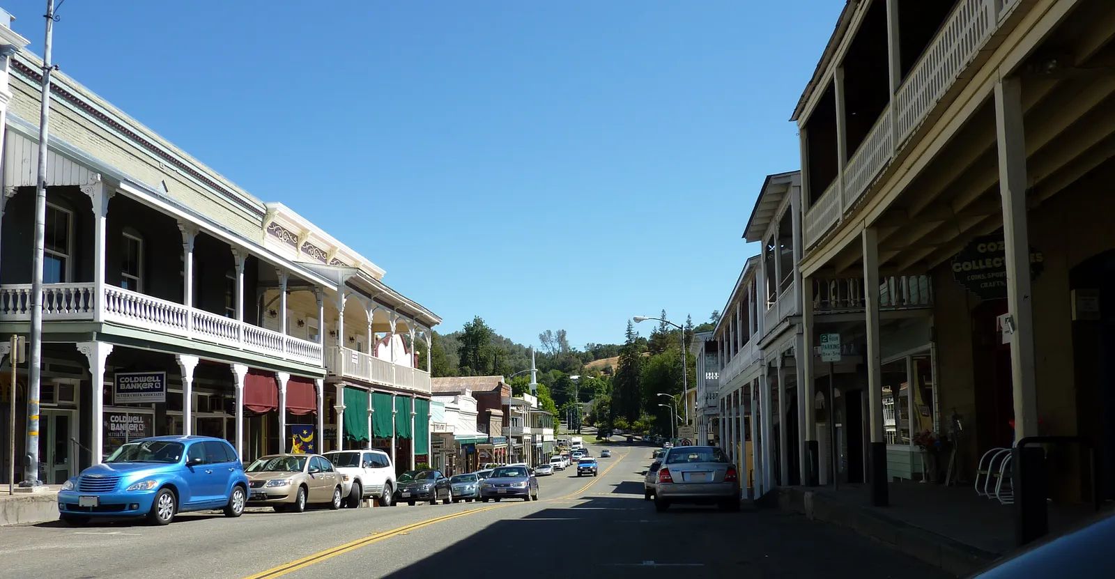 Main Street in Sutter Creek, lined with Gold Rush buildings and balconies